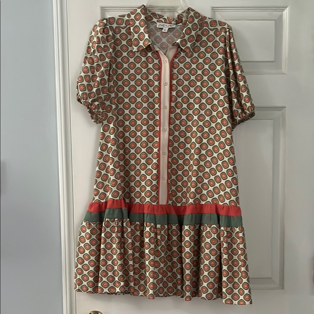 She + Sky Brown Tan Pleated Puff Sleeve Mini Dress